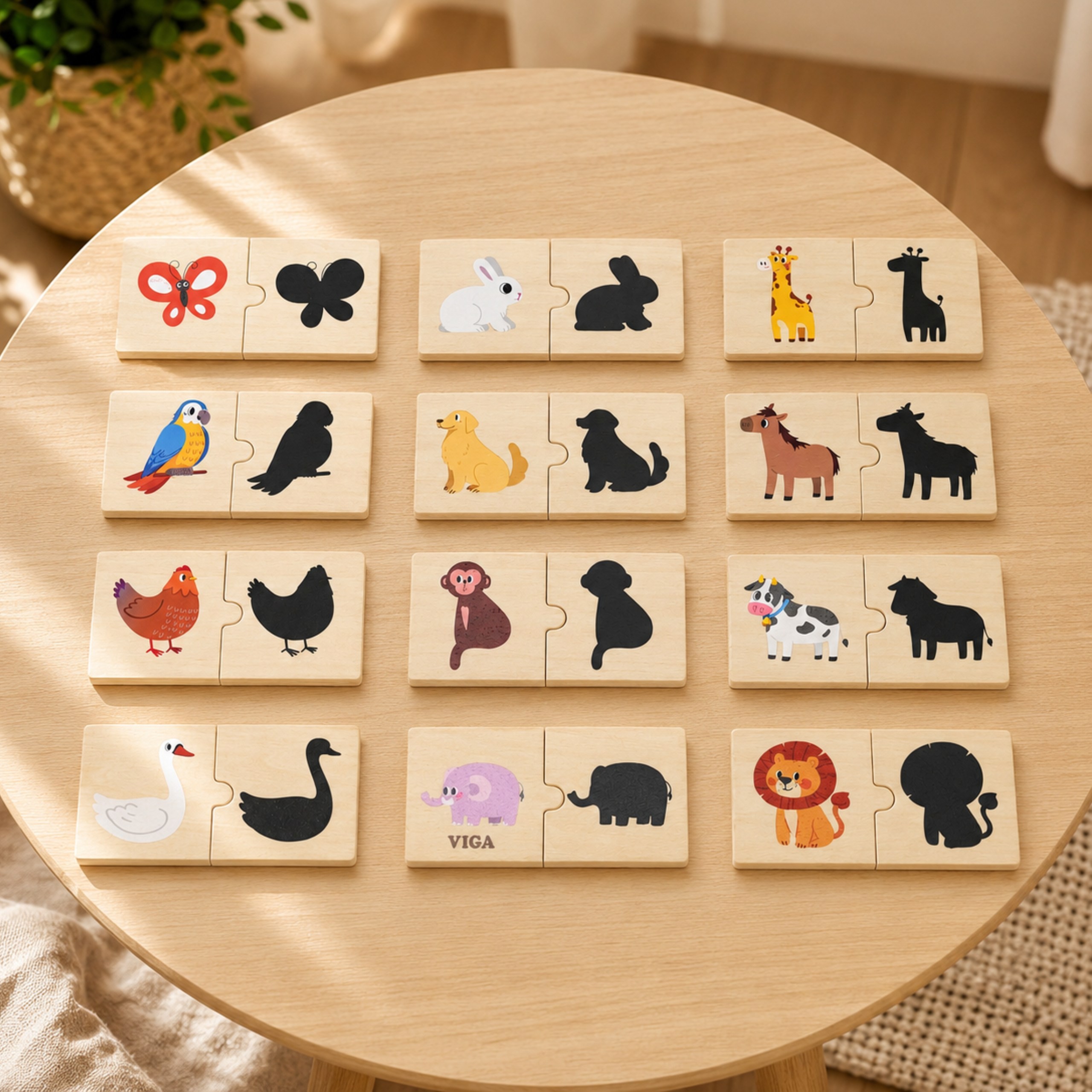 VIGA Zestaw Drewniane Puzzle Układanka Zwierzątka Dopasuj Cienie