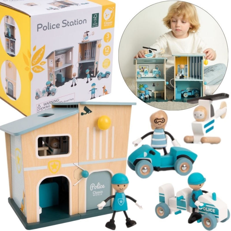 CLASSIC WORLD Posterunek Policji Drewniany Samochód Helikopter FIgurki 12el.